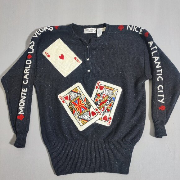 Vintage Bonnie Boerer Sequin Sweater women's size L black base Casinos Gambler - Picture 1 of 16